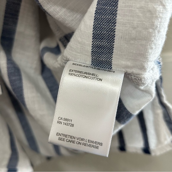 Tribal White and Blue Stripe Cotton 3/4 Sleeve Tab Half Button Down Top Size L - Picture 7 of 8